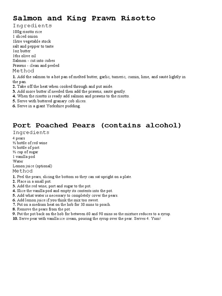 Salmon and King Prawn Risotto Port Poached Pears (Contains Alcohol) PDF Curry Sausage