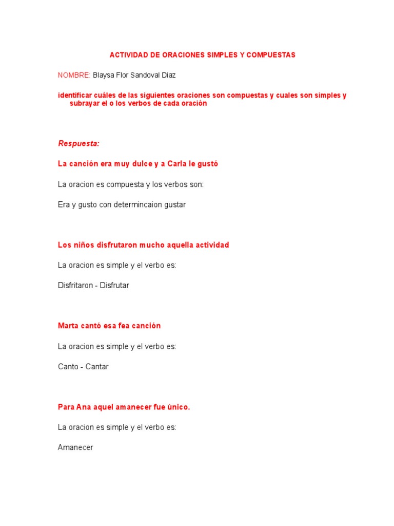 Actividad Oraciones Simples y Compuestas | PDF