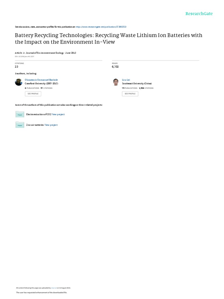 Battery Recycling Technologies Overview | PDF | Lithium Ion Battery ...