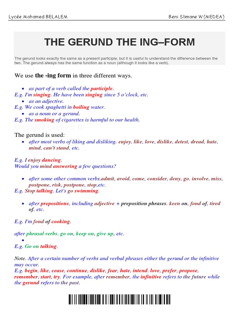 The Gerund The Ing-Form: Grammar Explorer II | PDF | Verb | Noun