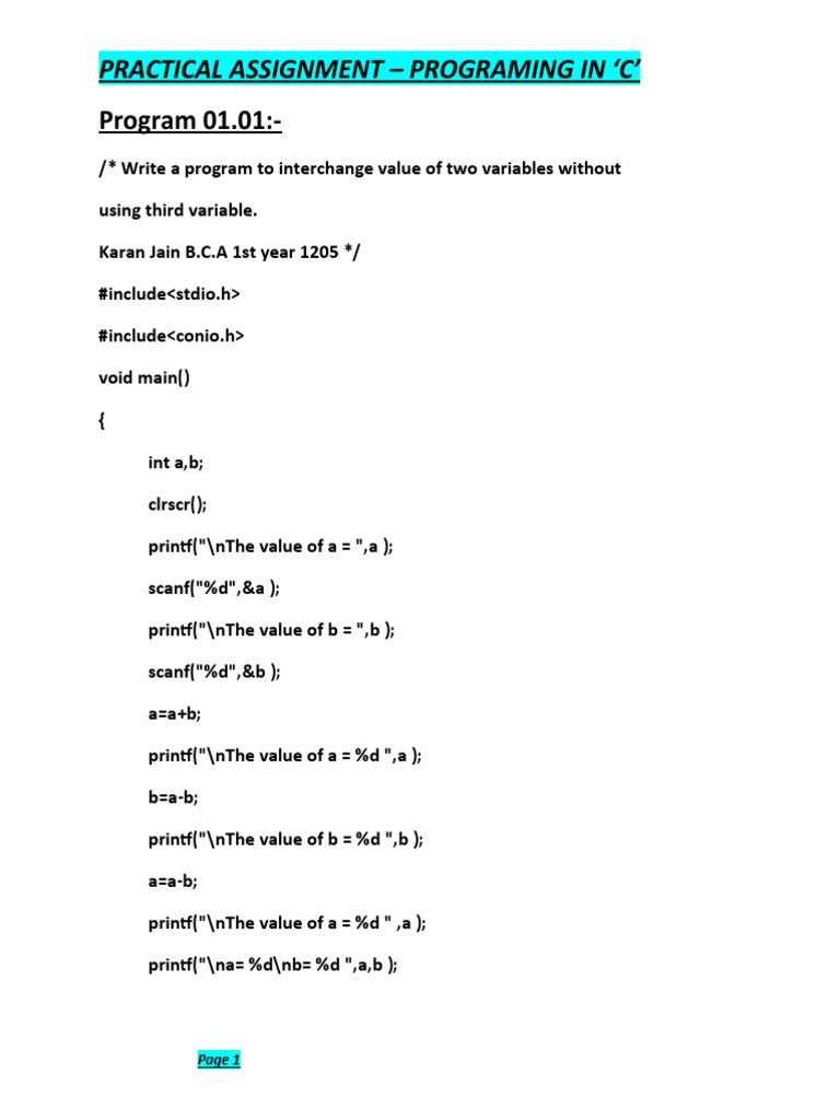Program 01.01:-: Practical Assignment - Programing in C' | PDF ...