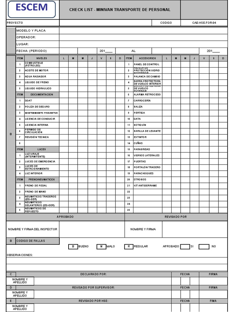 HSE-F-031 Check List Minivan | PDF | Vehículo de motor | Tecnologías ...