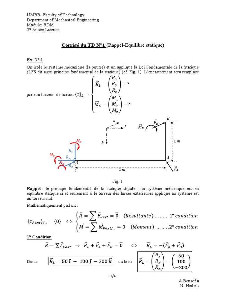 Corrigé TD RDM: Équilibre Statique | PDF | Centre d'inertie | Mécanique ...