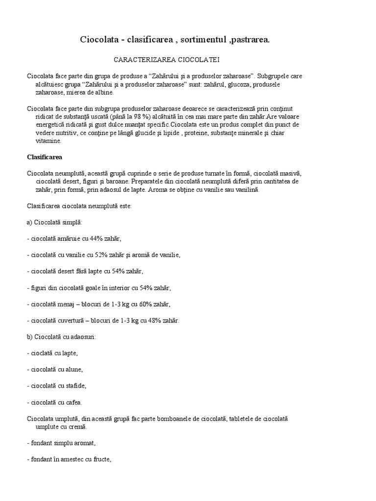 Ciocolata, Clasificarea, Sortimentul, Pastrarea | PDF