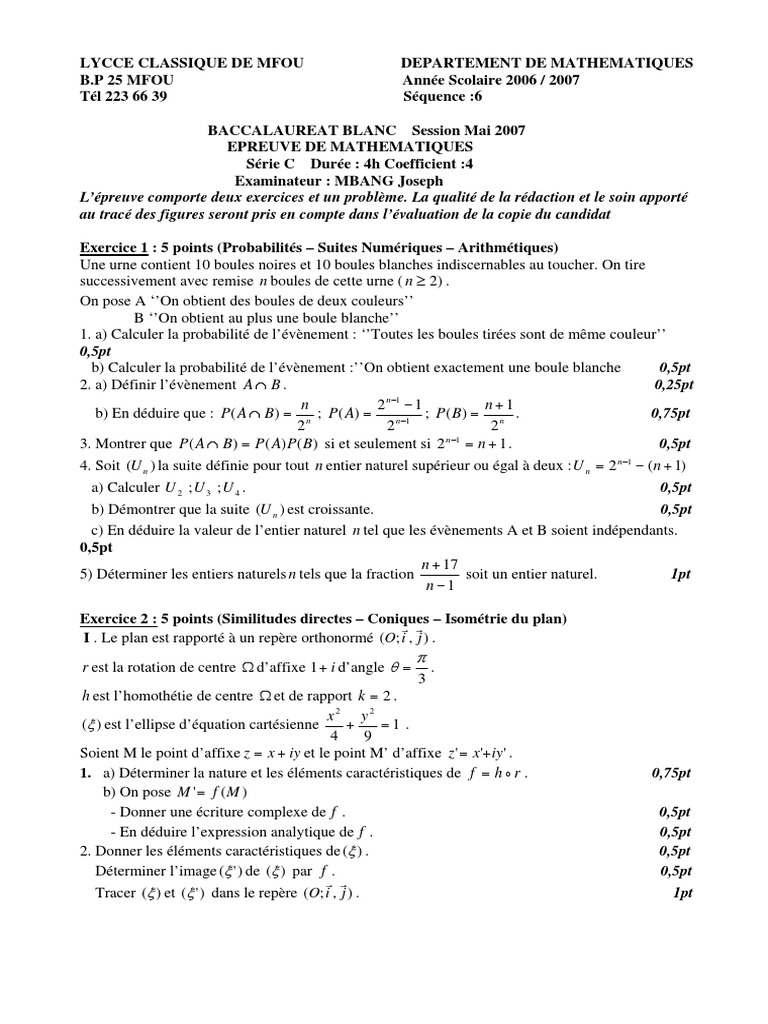 Bac Blanc Maths 2007 - Série C | PDF | Coordonnées cartésiennes | Plan ...