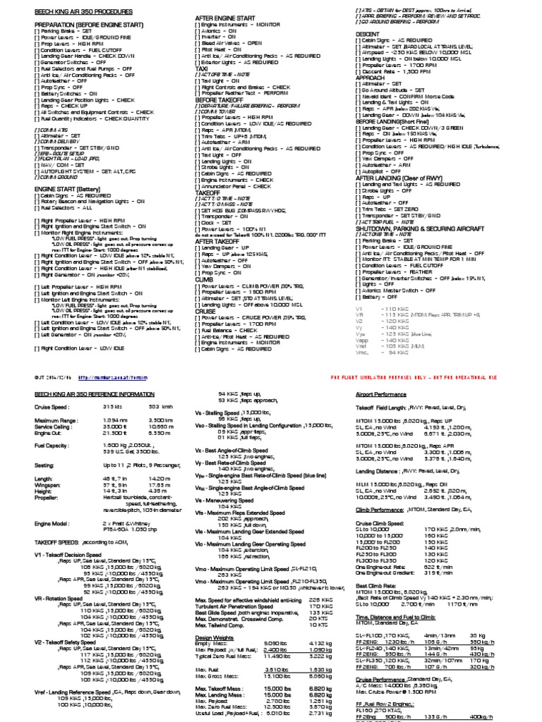 Beechcraft King Air 350 Reference Information Sheet 2014 PDF Takeoff Flap (Aeronautics)