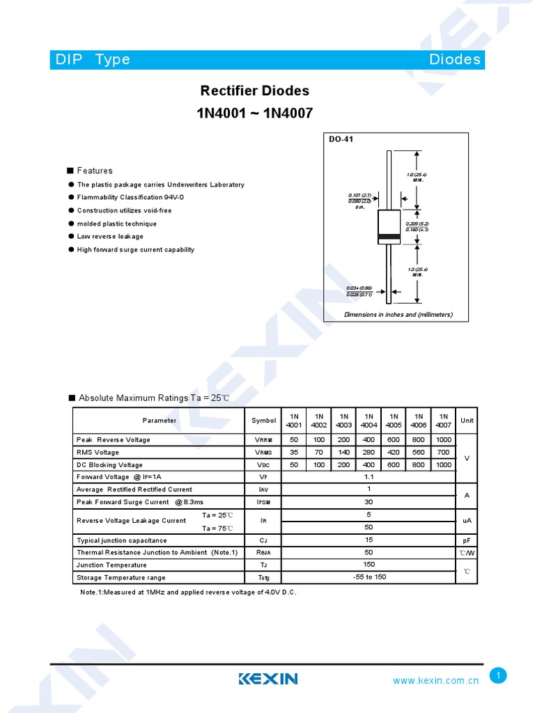 Rectifier Diodes 1N4001-1N4007 Specs | PDF | Diode | Rectifier