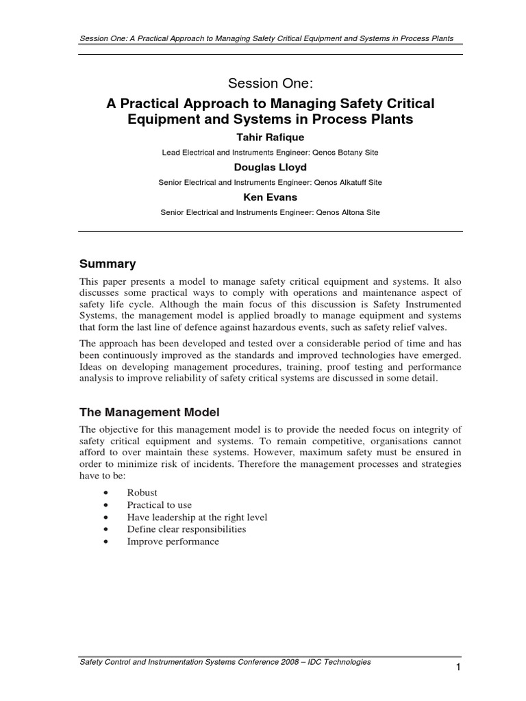 Practical Approach To Managing Safety Critical Equipment and Systems in