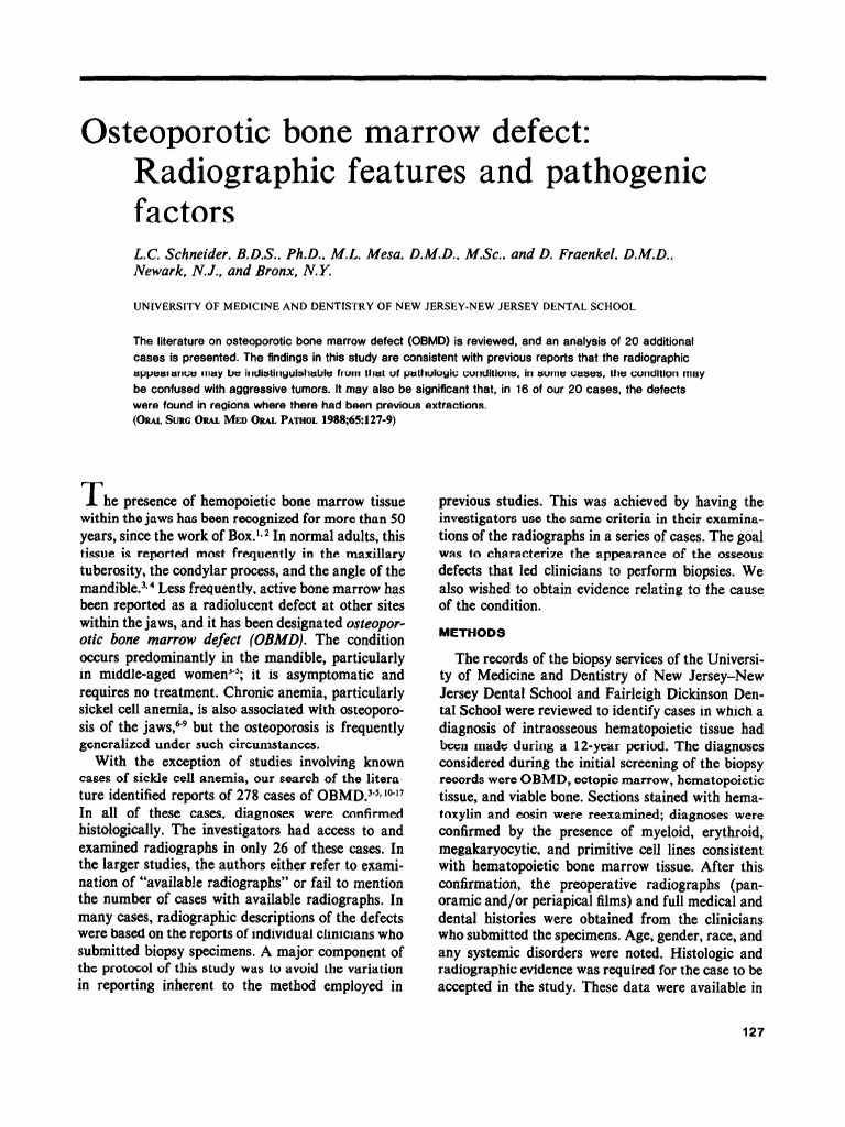Osteoporotic Bone Marrow Defect Radiographic Features and Pathogenic