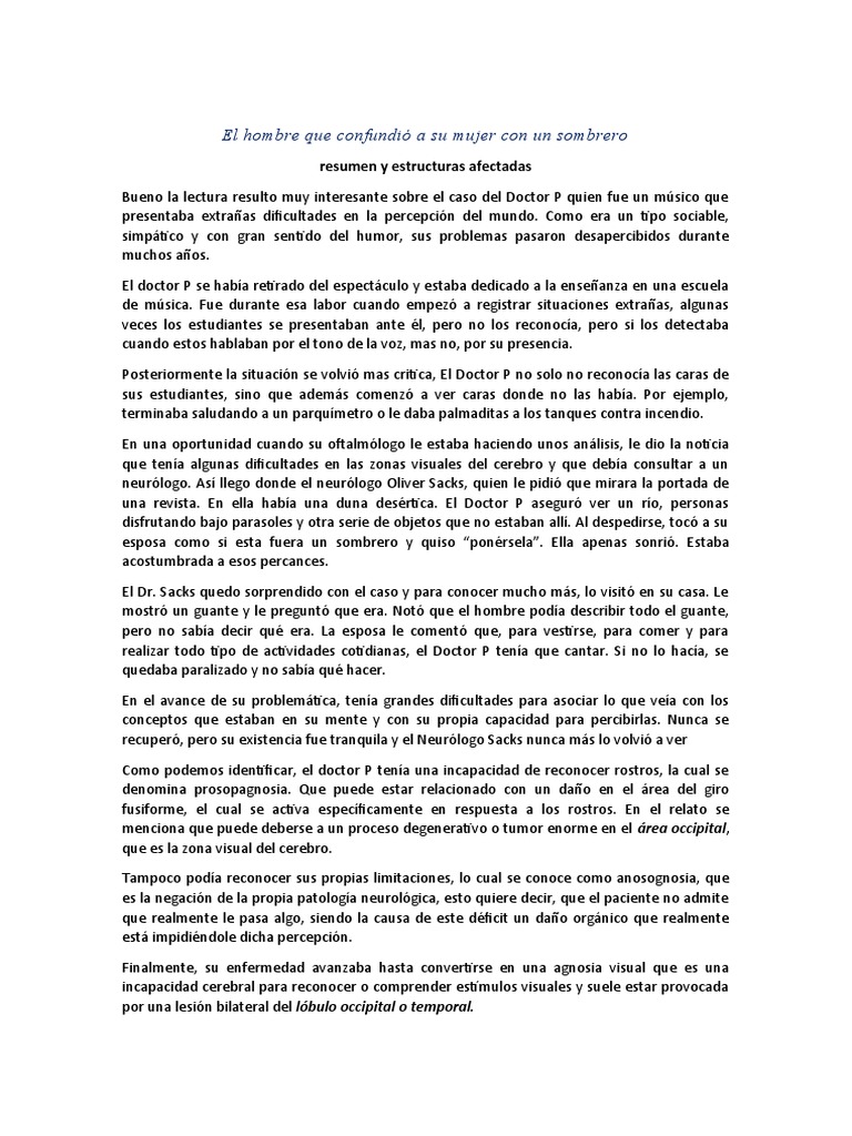 Agnosia visual. El caso del hombre que confundió a su mujer con un sombrero