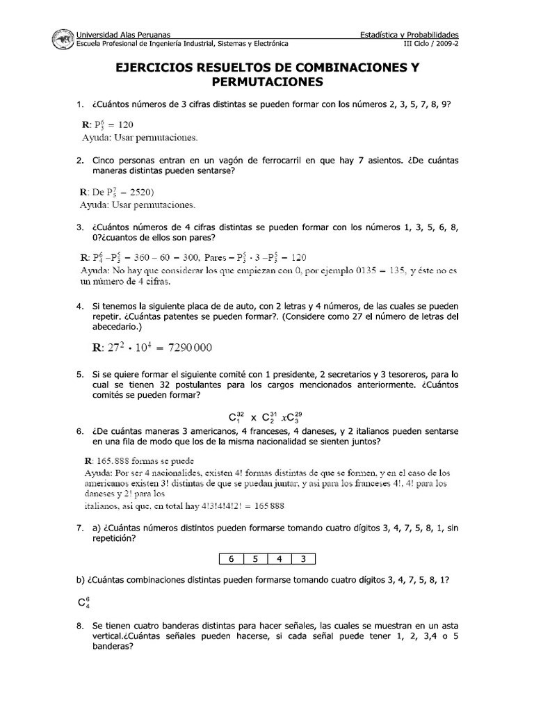 Ejercicios de Permutaciones y Combinaciones | PDF