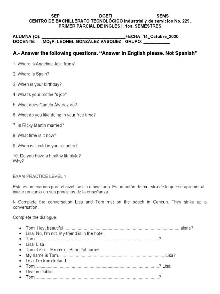 Primer Parcial de Inglés I | PDF | Foreign Language Studies