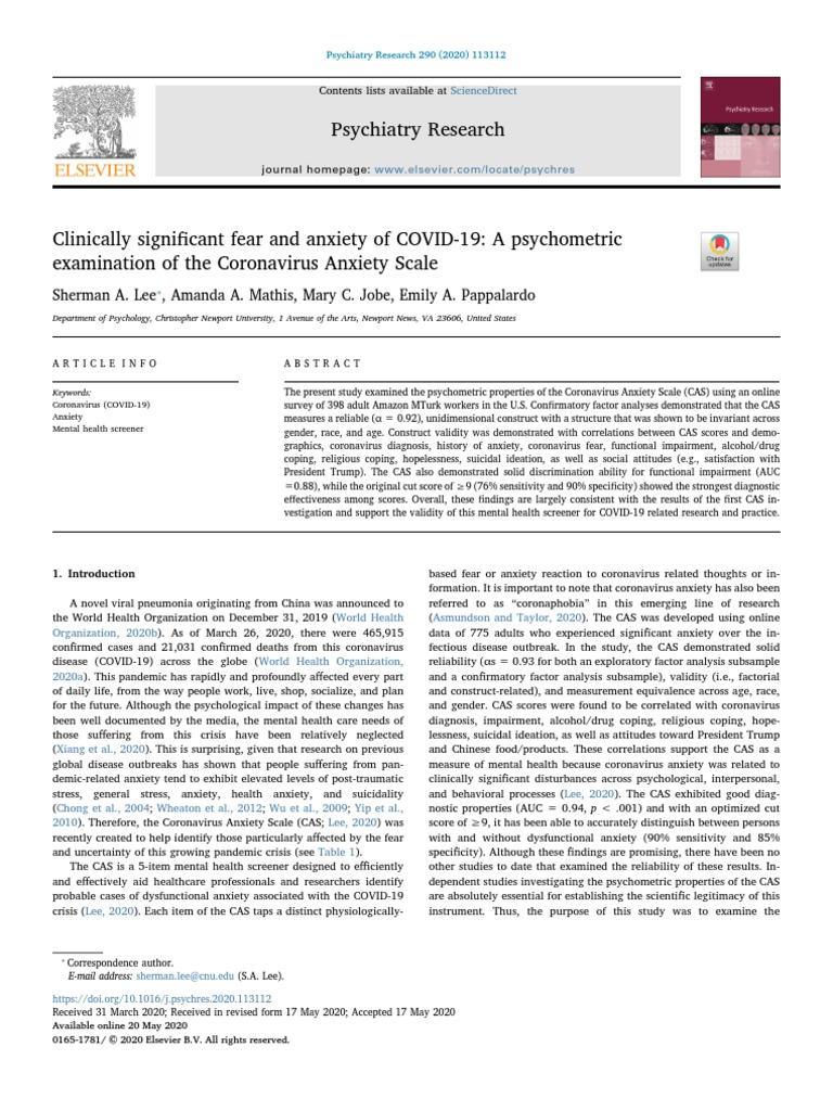 Clinically Significant Fear and Anxiety of COVID19 A Psychometric ...
