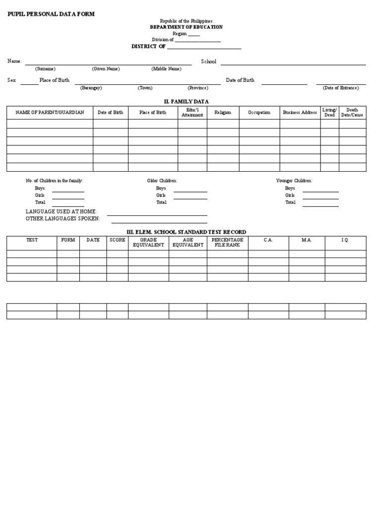 Pupil Personal Data Form PDF Public Health Medical Specialties