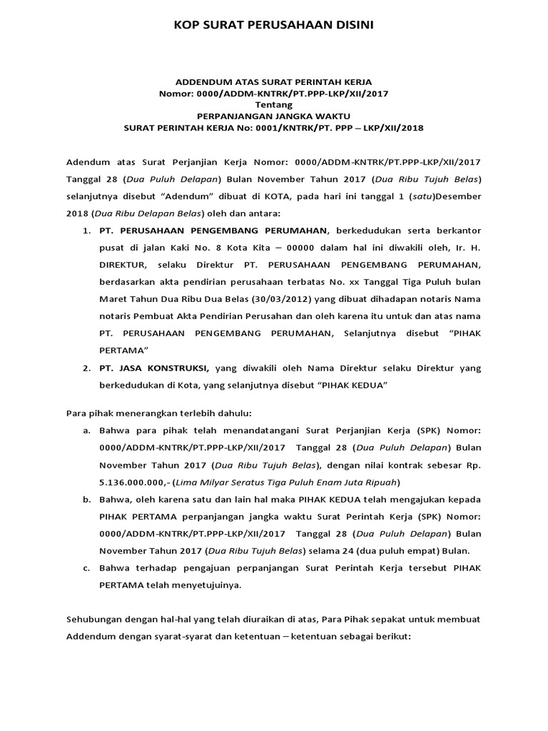 Addendum Perpanjangan SPK Konstruksi | PDF | Bisnis | Hukum