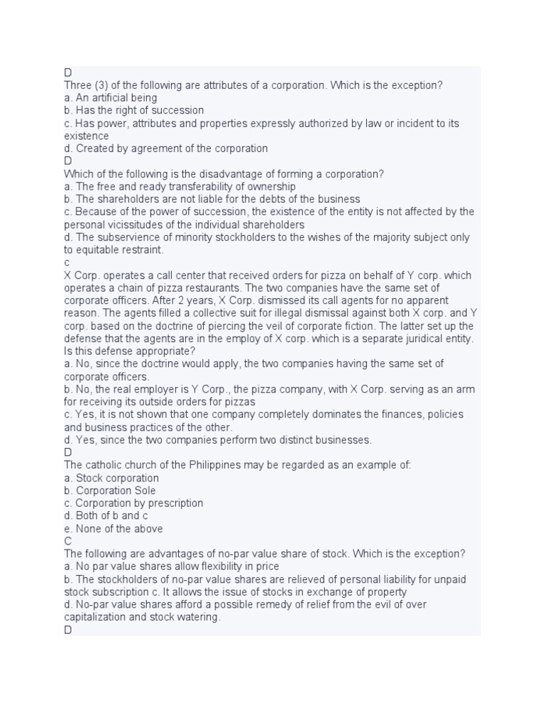 Law Example Quiz Review PDF Corporations Stocks