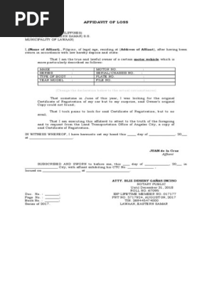 AFFIDAVIT OF LOSS