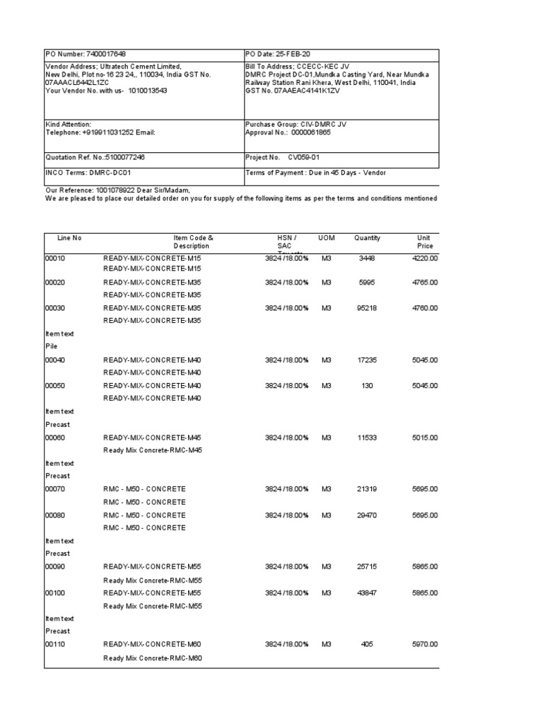 Ultratech RMC Purchase Order Details | PDF | Arbitration | Concrete