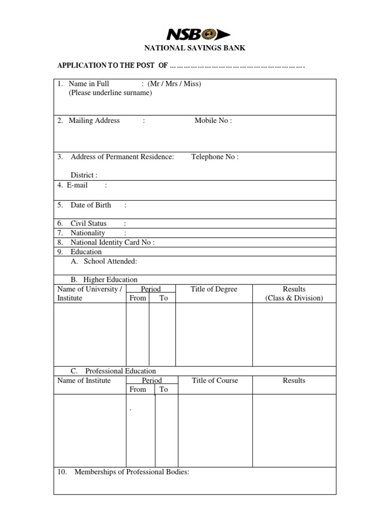 NSB Bank Job Application Form 2025 | PDF