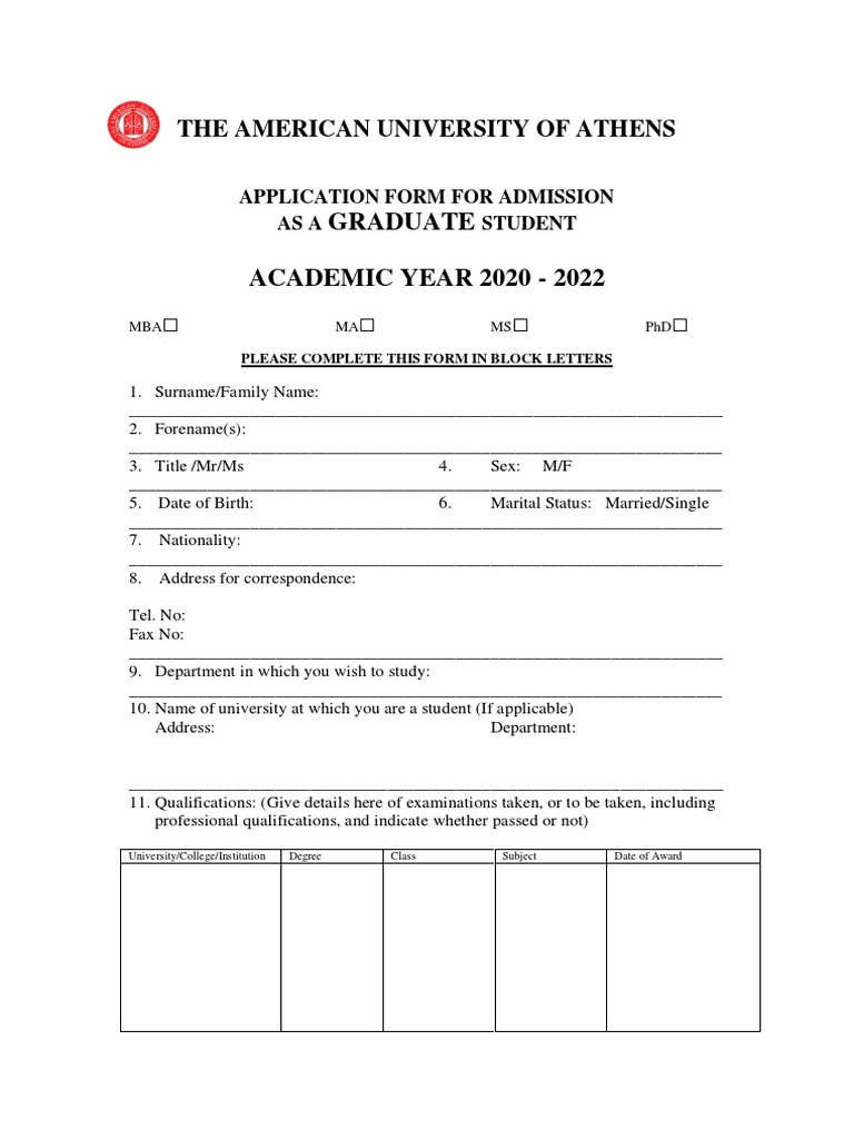 Graduate Admission Application Form | PDF | Qualifications ...