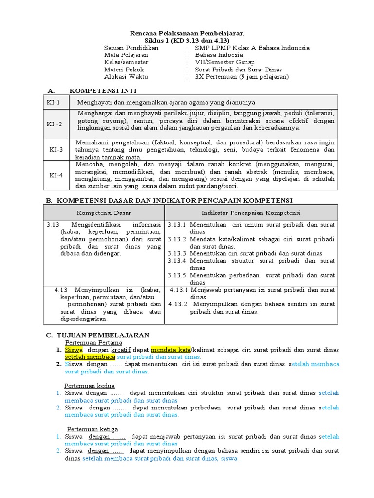 Rpp Kd 3 13 Dan 4 13 Surat Pribadi Surat Dinas