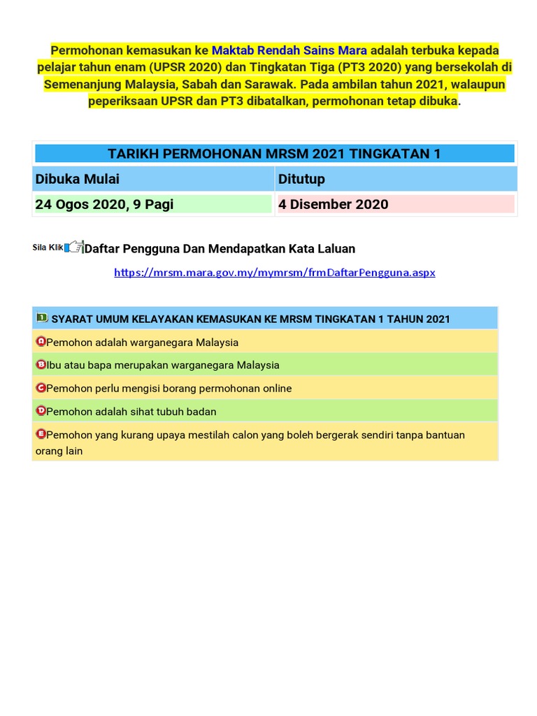 Permohonan Secara Online Kemasukan Ke Mrsm Tingkatan 1 4 2020 Ewarta Mara