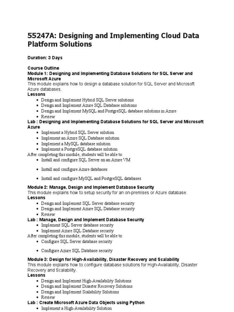 Cloud Data Platform Solutions Course | PDF | Microsoft Azure ...
