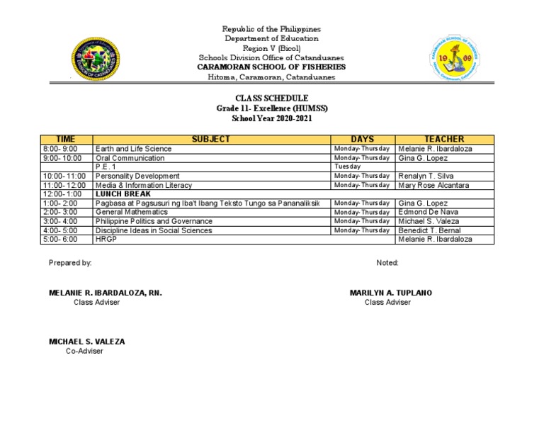 Class Schedule Grade 11-Excellence (HUMSS) School Year 2020-2021 Time ...