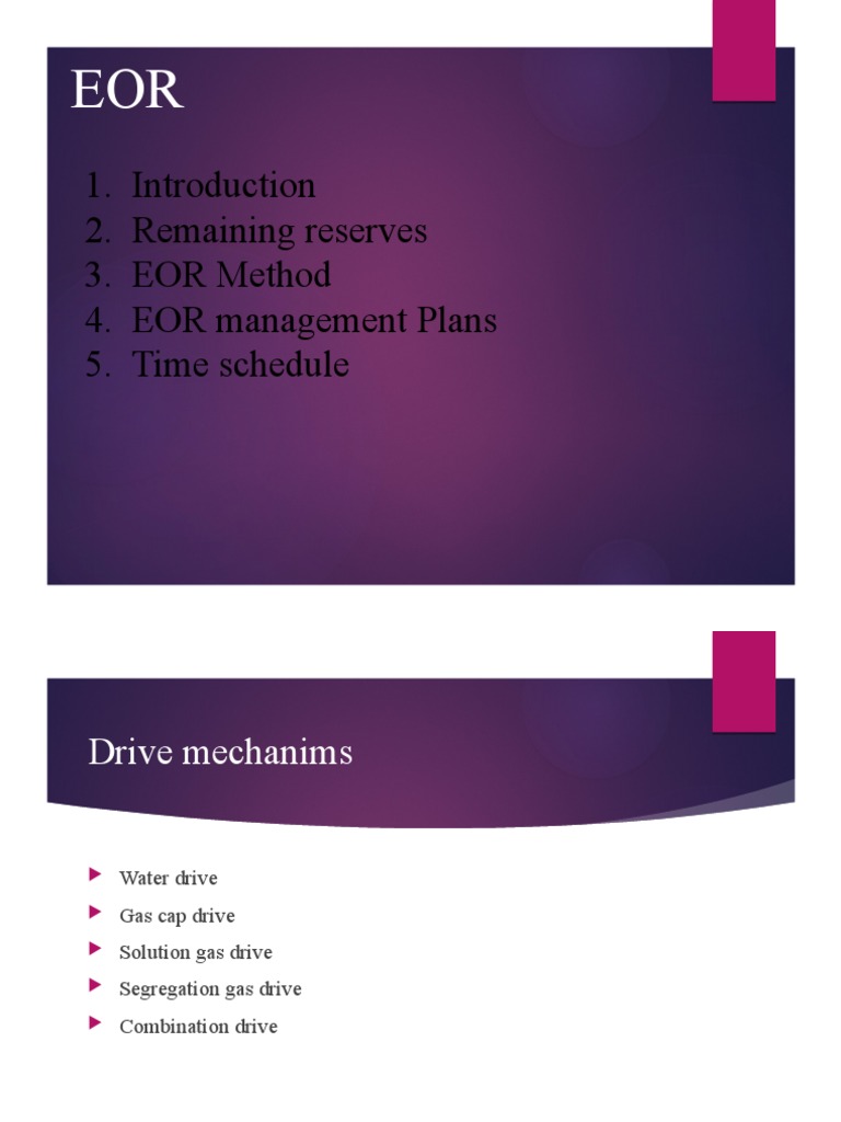 Remaining Reserves 3. EOR Method 4. EOR Management Plans 5. Time ...