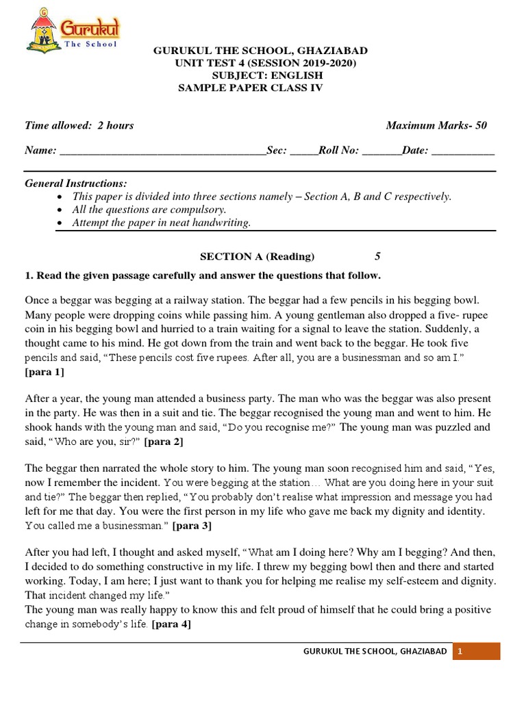 Ut Iv Class 4 English Sample Paper Pdf