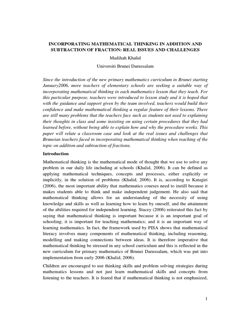 Incorporating Mathematical Thinking in A | PDF | Lesson Plan | Teachers