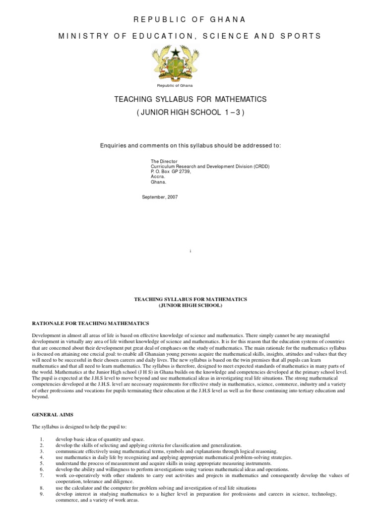 Ghana Mathematics Syllabus Jhs 1 3 PDF PDF Educational Assessment