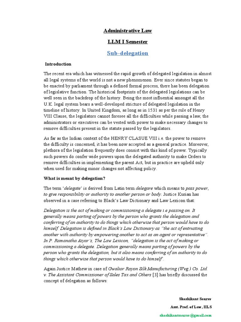 SubDelegation Administrative Law LLM I Semester PDF Bill (Law
