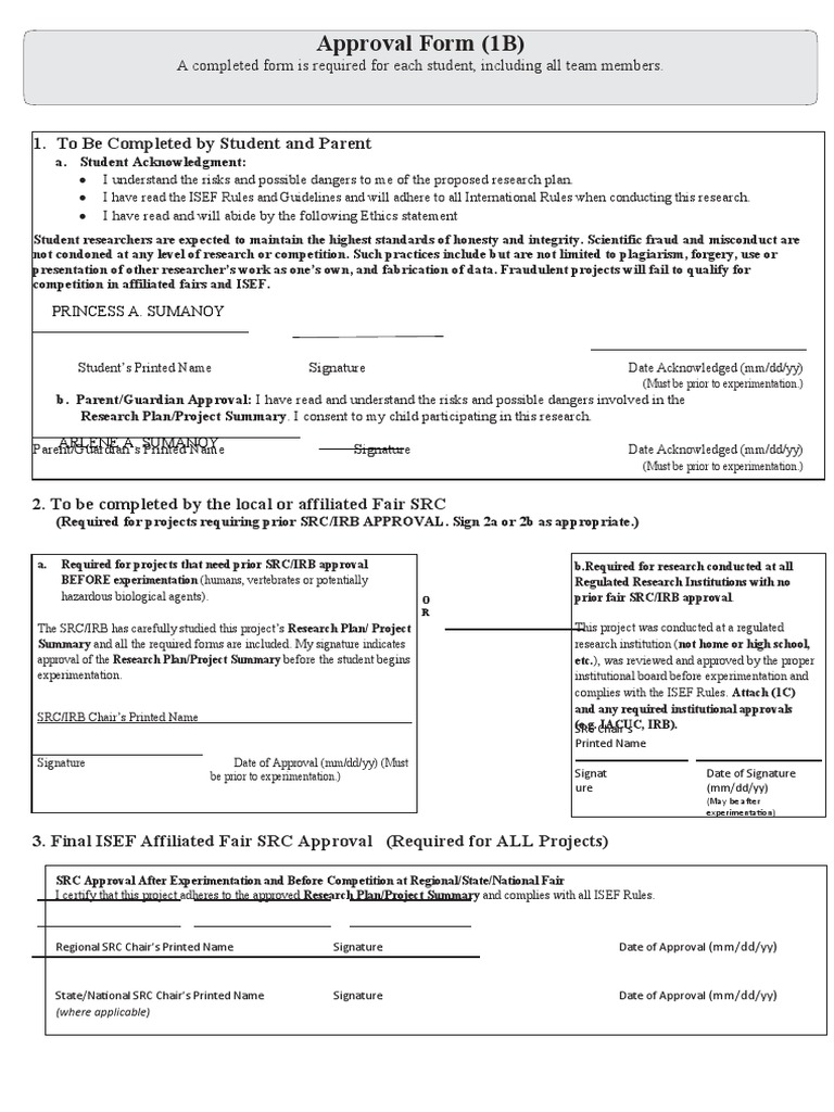 Approval Form (1B) : 1. To Be Completed by Student and Parent | PDF ...