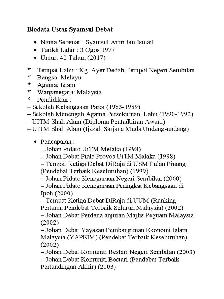 Biodata Ustaz Syamsul Debat Pdf