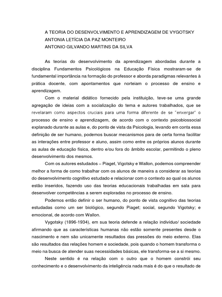 A Teoria Do Desenvolvimento e Aprendizagem de Vygotsky | PDF ...