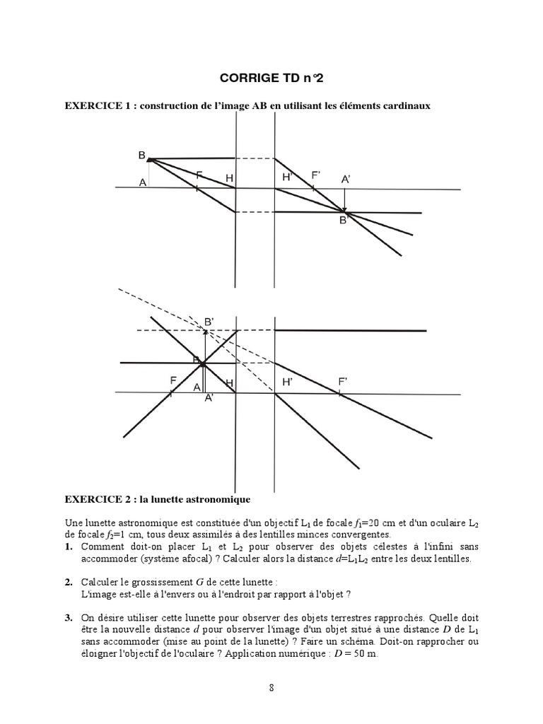 Schema Objet Dans Le Plan Focal Par Une Lentille Convergente Corrige TD2 | PDF | Lens | Optique