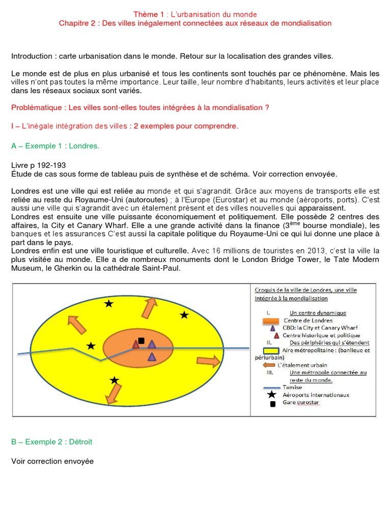 Les Villes Dans La Mondialisation 4ème évaluation Correction Cours Villes Inégalement Connectées Élèves Online | PDF | Londres |  Mondialisation