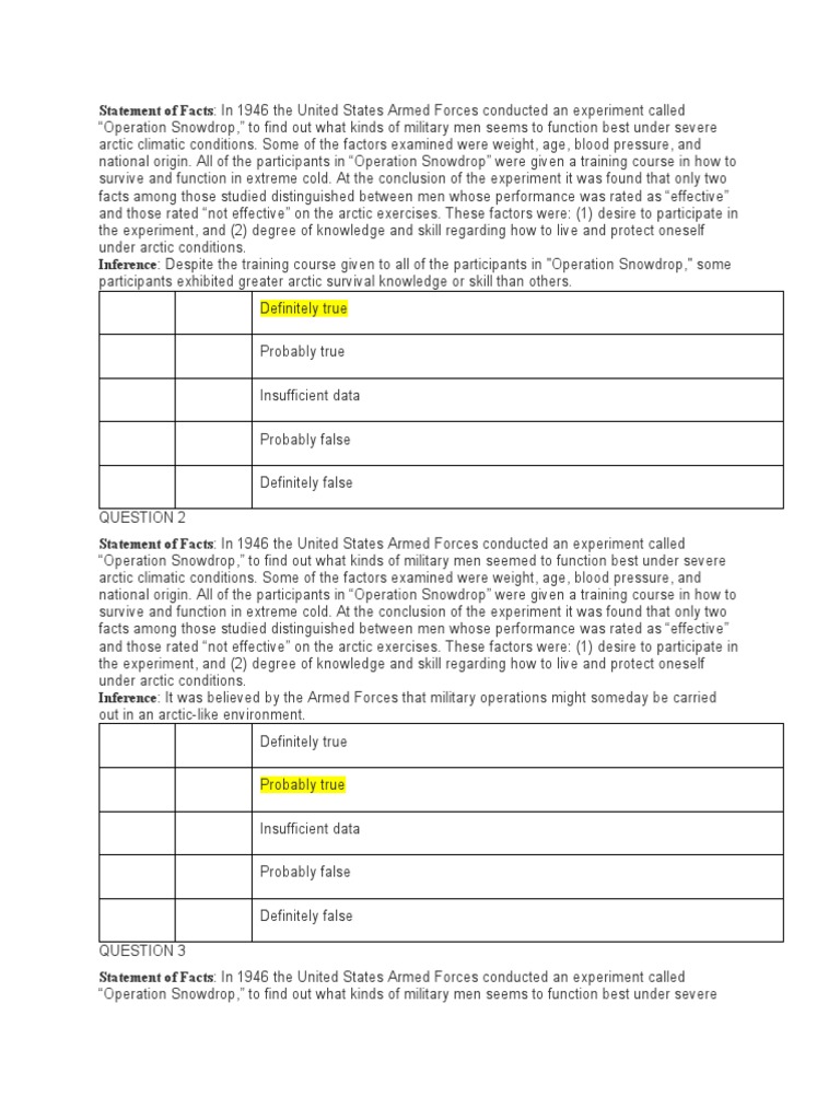 Operation Snowdrop: Arctic Survival Study | PDF | Inference | Experiment