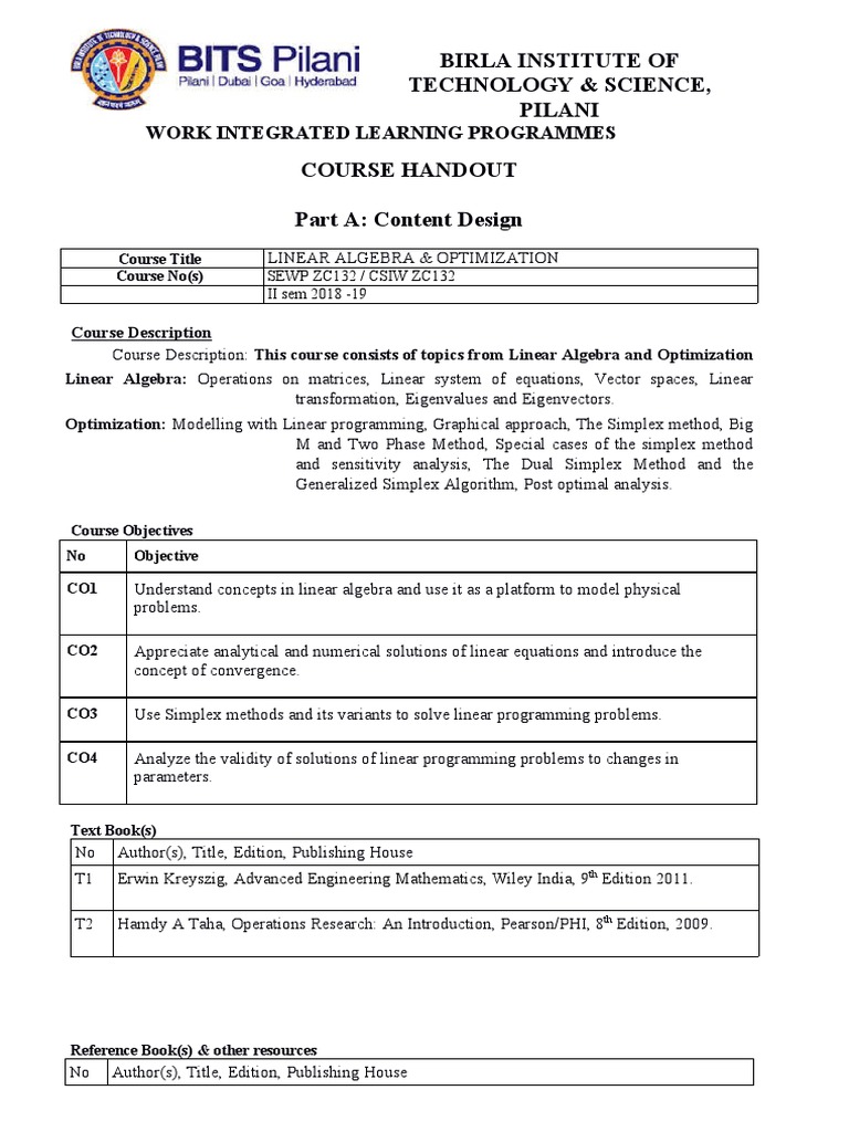 Linear Algebra & Optimization Course | PDF | Linear Algebra | Matrix ...