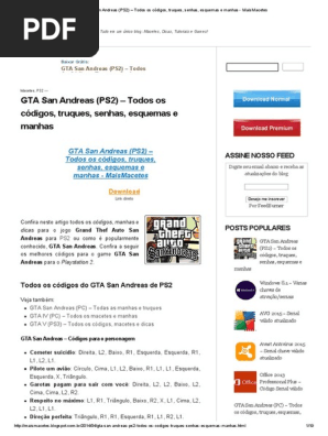 Gta San Andreas ps2 Todos Os Codigos Truques Senhas Esquemas e Manhas  Maismacetes PDF, PDF, Computação e Tecnologia da Informação