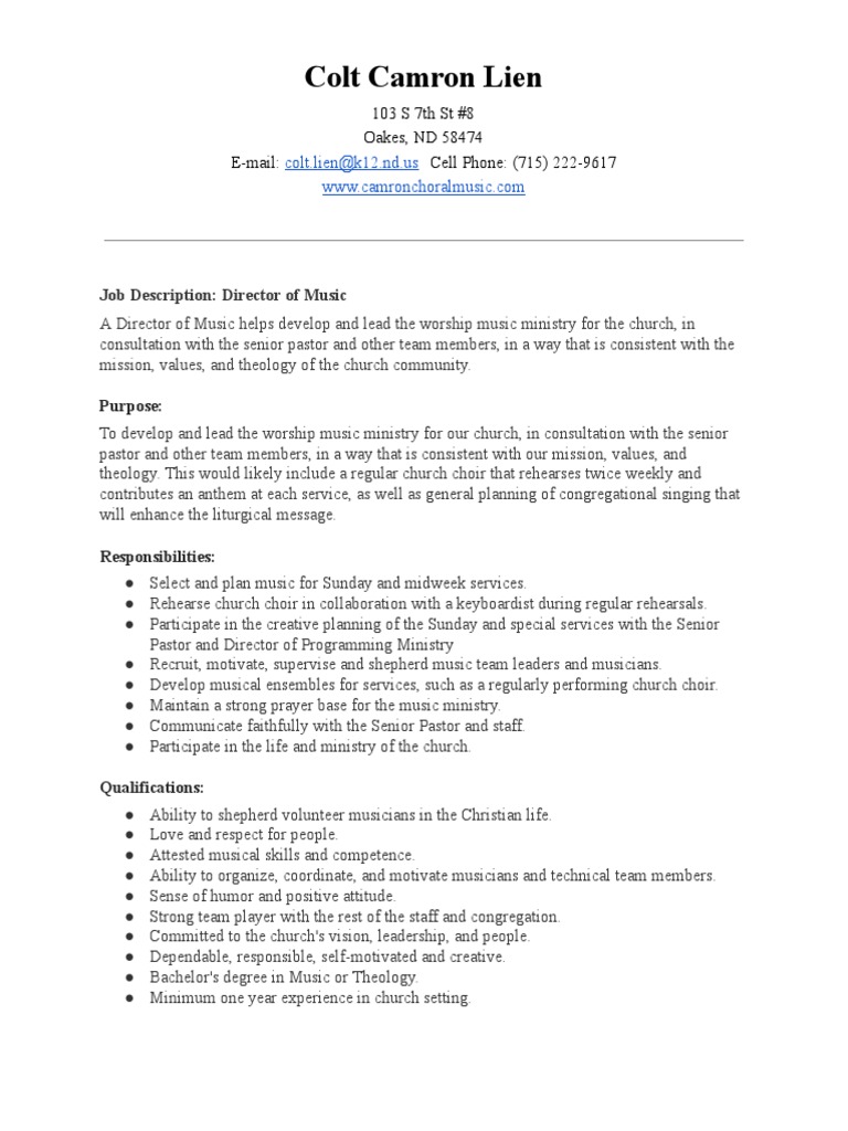 Church Music Director Job Description PDF Pastor Contemporary