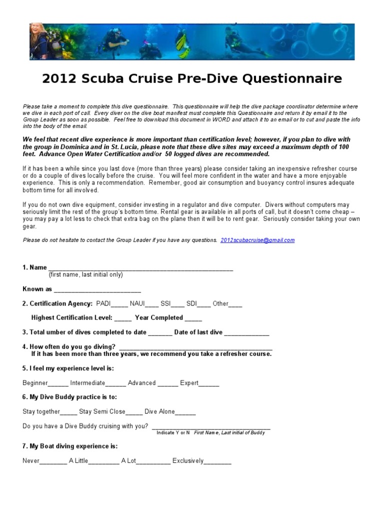 2012 PreDive Questionnaire PDF Scuba Diving Underwater Diving