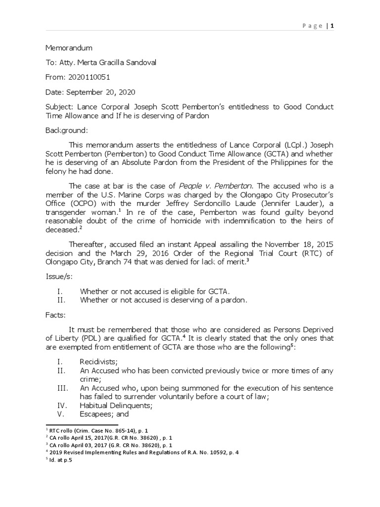 Analysis of Lance Corporal Joseph Scott Pemberton's Eligibility for