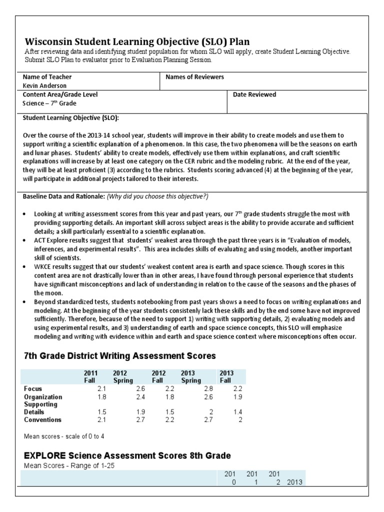 7th Grade Science SLO Plan | PDF | Rubric (Academic) | Science