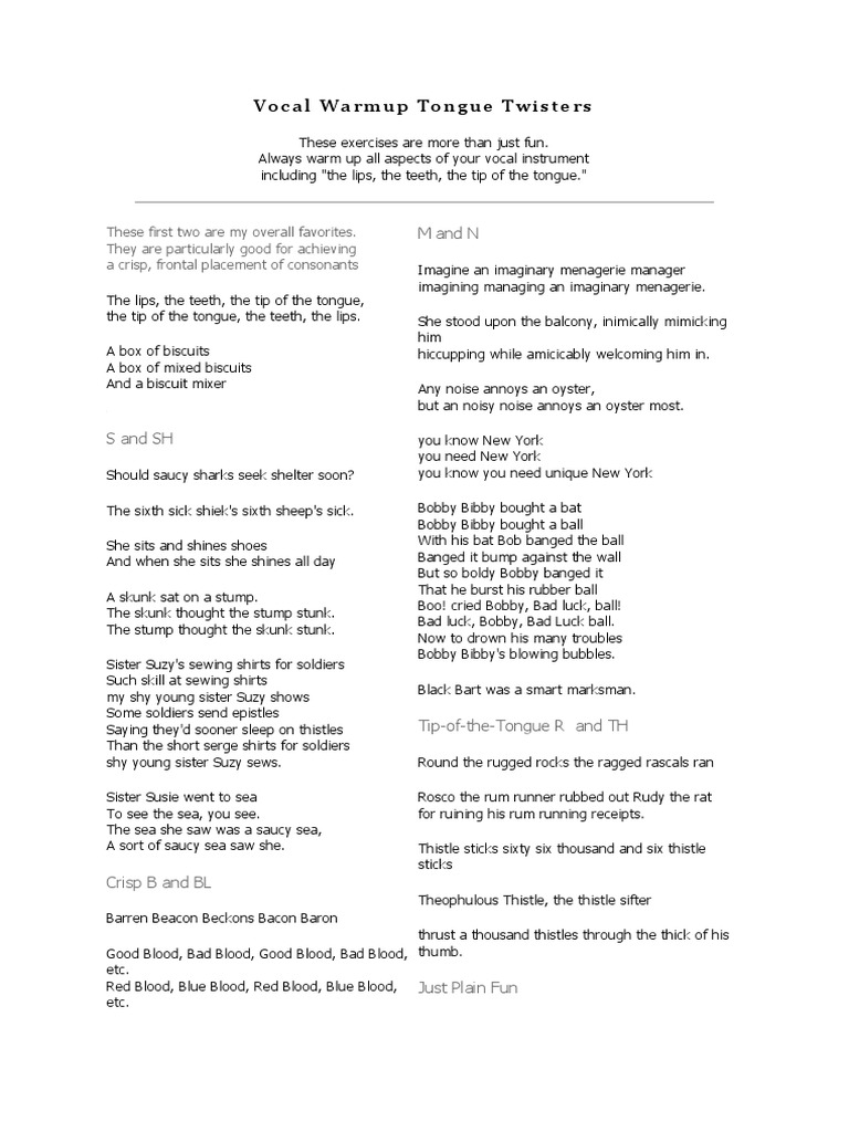 Vocal Warmup Tongue Twisters PDF