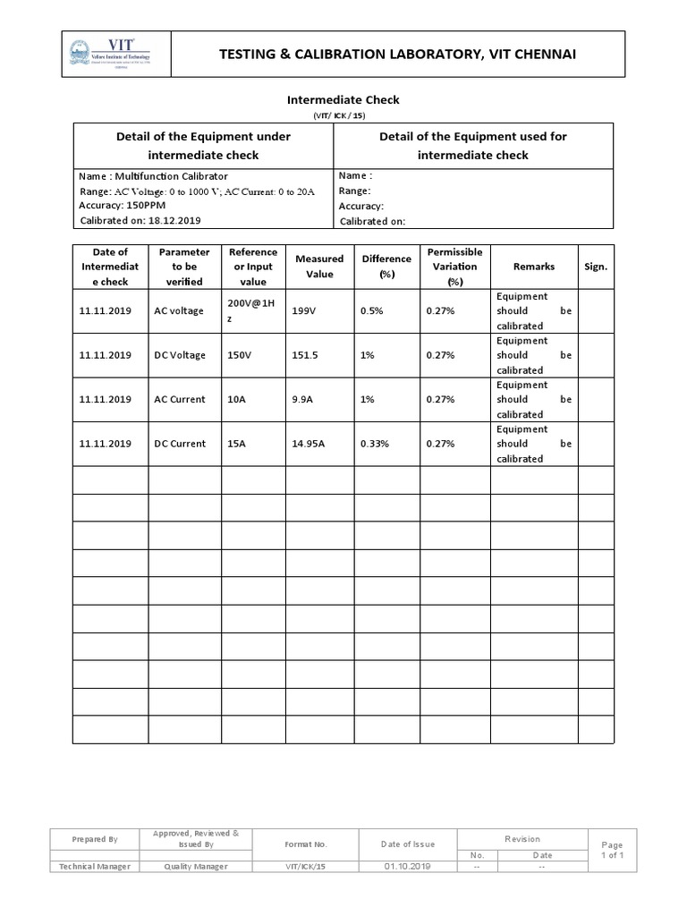 FMT 15 - Intermediate Check VIT | PDF | Calibration | Electromagnetism