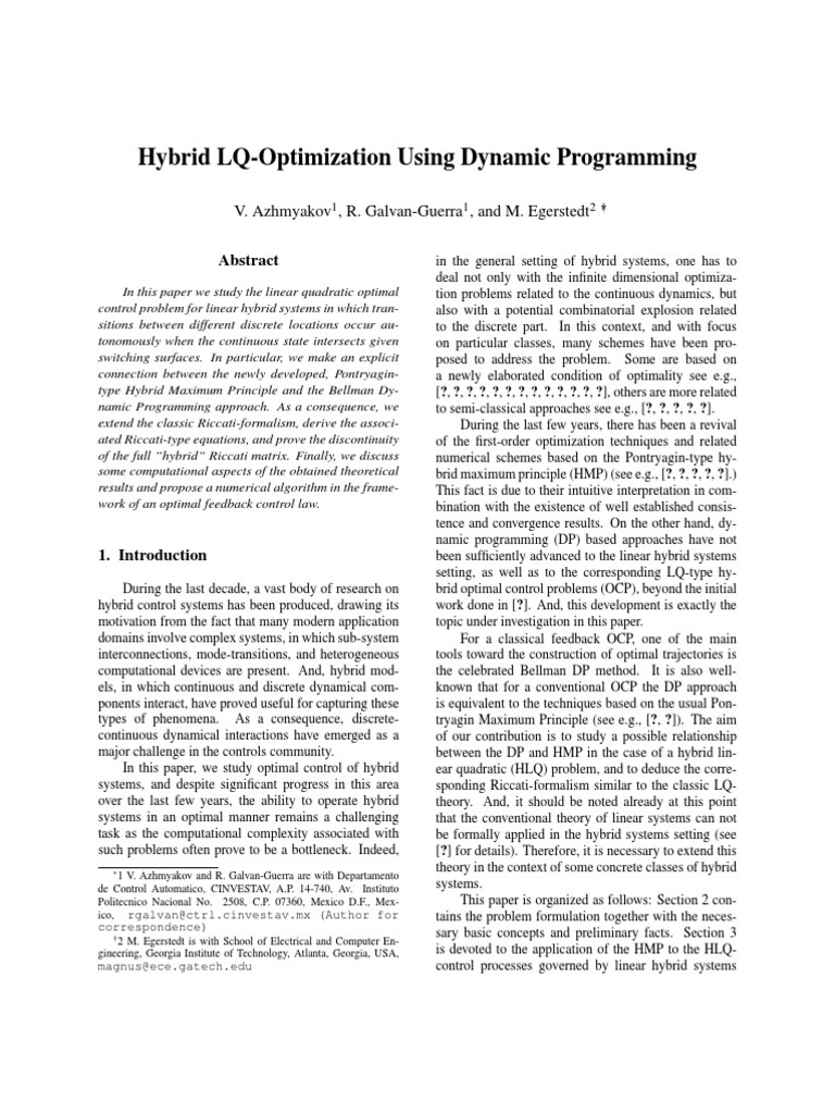 Hybrid LQ Control via Dynamic Programming | PDF | Optimal Control ...