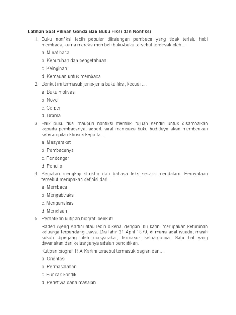 Latihan Soal Pilihan Ganda Buku Fiksi Dan Non Fiksi Docx