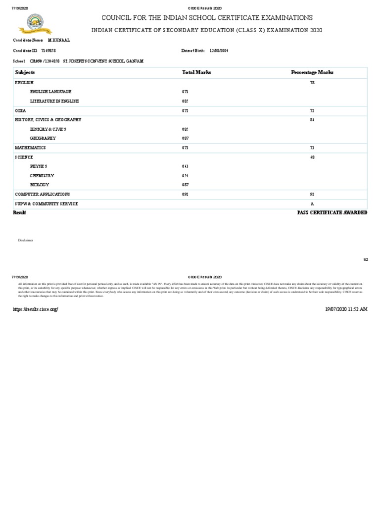 ISC Duplicate Marksheet 2020 | PDF | Test/Examination | Computing And ...